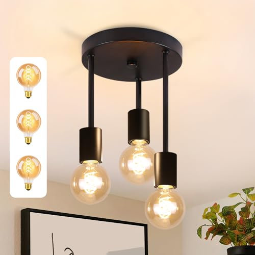 CBJKTX Deckenleuchte Vintage Deckenlampe Schwarz - 3 Flammig Deckenstrahler E27 Industrial Deckenspots mit 3 Lichtquellen für Esszimmer Küche Flur Wohnzimmer Bar