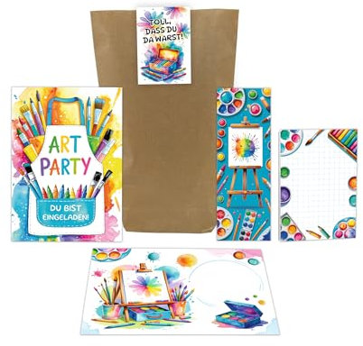 12 Einladungskarten zum Kindergeburtstag Mädchen Jungen Art Kreativ Malparty Kunst Einladungen Geburtstag Geburtstagseinladungen inkl. 12 Umschläge, 12 Tüten, 12 Aufkleber, 12 Lesezeichen, 12 Blöcke