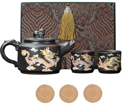 Handgefertigtes Teekannen Set mit Drachen und Phönix Farbwechsel Chinesische Yixing Teekanne aus Lila Ton Keramik 1 Kanne 2 Tassen 315ML Zisha Kung Fu Teeservice Mit Untersetzer (Geschenkbox)
