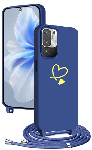 YANJIEER Coque Collier pour Xiaomi Redmi Note 10 5G avec Cordon, Étui Housse Souple Silicone avec Motif Coeur, Lanyard Réglable pour Femme Fille, Fine Antichoc Bandoulière Lanière Case Bleu