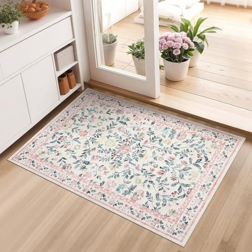 CAROMIO Floral Door Mat 60x100 cm Washable Low Pile Non-Slip Entryway Pink | Flower Kitchen Rug, Vintage Farmhouse Carpet for Bedroom Nursery Office Bedside, Distressed Boho, Ultra Thin