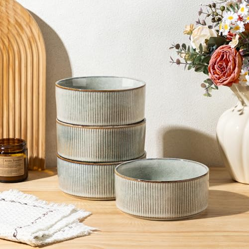 GBhome Stoneware Cereal Bowls Set of 4, Handmade Ceramic Bowls Set for Cereal Soup Salad, Stylish Kitchen Bowls for Meal, Dishwasher & Microwave Safe, Reactive Glaze-Desert Sage