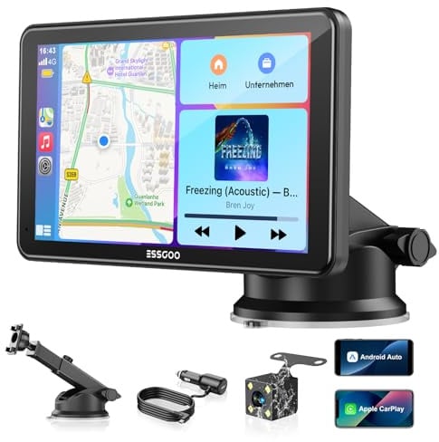 ESSGOO 7 Zoll Carplay Android Auto Display mit Rückfahrkamera 1080P | Apple Carplay Bildschirm für AirPlay/Mirror Link,IPS Touchscreen,GPS Navigation,Bluetooth 5.3,Sprachassistent,Autoradio,AUX