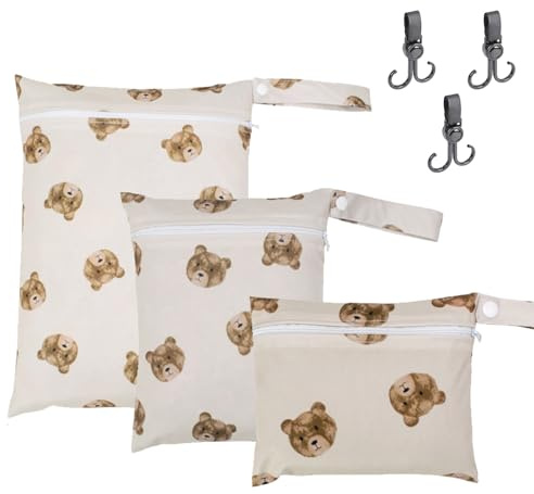 VEGCOO 3 Pcs Bear Pattern Nappy Bags, Waterproof Wet Dry Bags Nappy Bag Organiser Pouches Reusable Wet Bag for Swimming, Organiser Nappy Pouch for Travel, Camping, Swimming, with 3 Stroller Hook