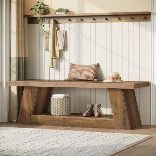 Tribesigns 160 cm Holz-Eingangsbank mit Ablagefach, rustikale extra Lange Bank, 2-stufige Holz Bettbankfür, schmale Flur-Sitzbank für Wohnzimmer, Schlafzimmer, Küche (Braun)