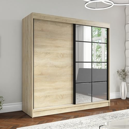 A&J MöbelLand Schwebetürenschrank Tina Kleiderschrank 2-türig mit Spiegel Garderobenschrank 200 cm (Sonoma)