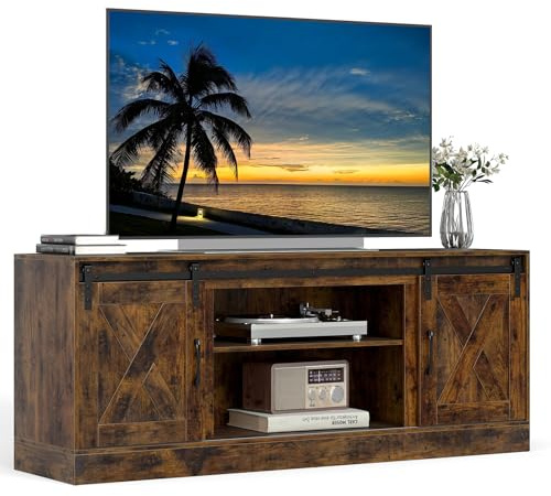 COSTWAY TV Schrank mit 2 Schiebetüren & verstellbaren Regalen, TV-Ständer für bis 70 Fernseher, TV Lowboard 150 x 39 x 60 cm, Medienkonsole braun Fernsehtisch für Wohnzimmer