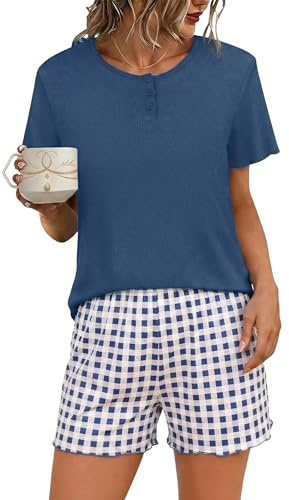 Demegimi Schlafanzug Damen Kurz Pyjama Baumwolle Sommer Shorty Nachtwäsche Kurzarm Schlafanzüge mit Knopfleiste S-XXL