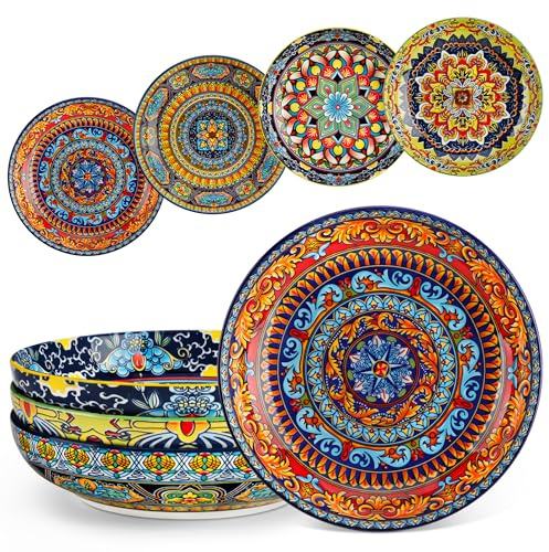 vancasso KRVI Pasta Bowls Set of 4, 1260ml Large Ceramic Soup Plates for Pasta, Salad, Ramen & Serving, Colourful Boho Dinnerware