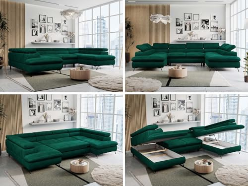 Sofa U-Form, Wohnlandschaft U-Form, Sofa mit Schlaffunktion und Bettkasten, Schlafsofa mit Bettkasten, Couch mit Verstellbare Kopfstützen - Peter U - Grün Velvet Hydrophob (mit Topper Visco)
