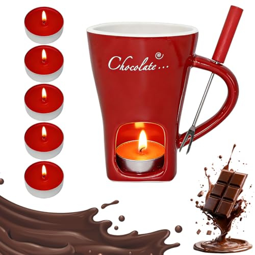 Vyrthalis Schokofondue Tasse – 200ml Keramik Schokoladen Fondue Becher Set mit Gabel & Teelicht | Mehrzweck Schoko Fondue Cup | Fondue Tasse für Käse Schokolade Butter Karamell(Rot)
