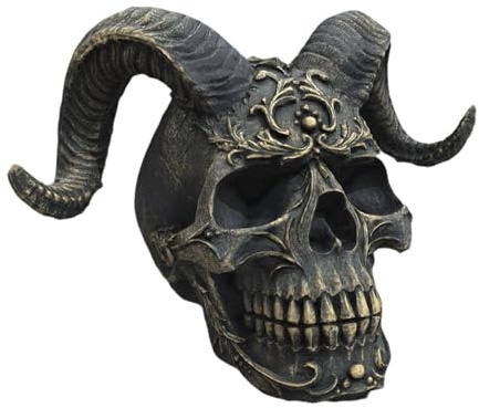Fhlprte Widderhorn-Schädel-Skulptur,Dämon Schädel Figur,18 * 12 * 12cm Bronze aus Harz Schädel Deko,Dunkler Gothic-Stil,Totenkopf Skulptur Deko als Moderne Dekoration für Wohnzimmer & Flur