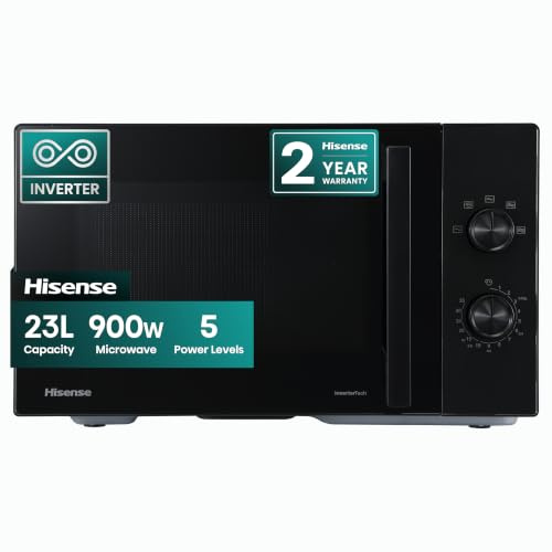 Hisense 23L Microwave Oven 900W, Freestanding Microwave, Manual Control, Defrost Function, 5 Power Levels, Turntable, Black H23MOBP2HIUK