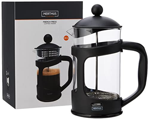 Nerthus FIH 320 Cafetera Francesa de émbolo, PP, Vidrio de borosilicato y SS, Negro, 800 ml