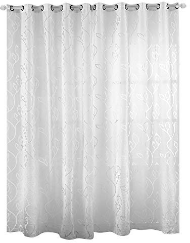 Enjoygoeu Halbtransparent Gardine Vorhang Ösenschal Voile Blätter Muster Vorhang Fenstersiebung Schlaufenschal Modern Dekoschal für Wohnzimmer (Weiß, 100 x 200 cm)