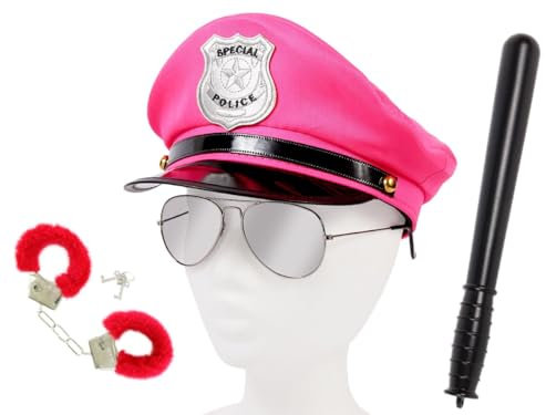 Alsino Damen Polizei Set Uniform (Kv-115) mit Pilotenbrille, Plüschhandschellen, Schlagstock - 24 cm und Polizeimütze