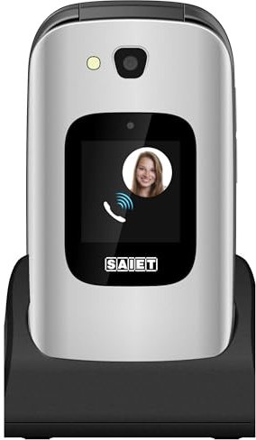 SAIET - Cellulare per Senior Facile da Usare PRIME - Telefono per Anziani con Tasti e Caratteri Grandi - Con Doppio Display Audio Amplificato - Argento