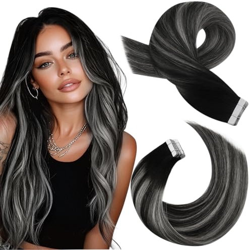 Moresoo Tape Extensions Echthaar Schwarz Silber Haarverlängerung Echthaar Tape Balayage Schwarz mit Silber Invisible Tape Extensions Menschliches Haar 20 Stück 50g Seidig Glatt 30 cm