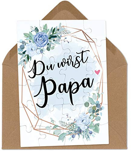 OWLBOOK Du wirst Papa Blauer Blumenkranz Puzzle mit Brief-Umschlag Geschenke Geschenkideen für die Familie zur Geburt & Schwangerschaft verkünden