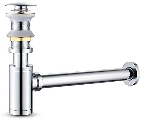 MENATT Round P-Trap Waste Pipe Kit Assembly, Bottle Trap Deodorant Type with 1 1/4 Pop-up Drain Stopper without overflow, Bathroom Sink Siphon Drainer Plumbing Tube Chrome Finished