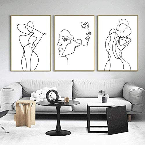 Baiser Dessin Au Trait sur Toile Tableau Visage Affiche Abstraite Femme Murale Art Minimaliste Peinture 3 PièCes Nordique Murale Tableaux Fille Chambre Decoration sans Cadre