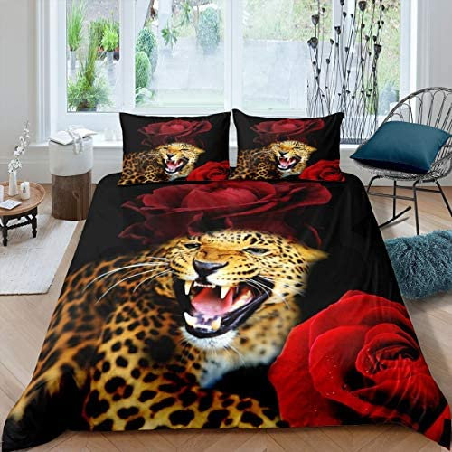 Leopard Bettwäsche Set Erwachsene Rose Blumen Bettbezug Afrikanische Wilde Tier Tröster Abdeckung Rote Rose Gepard Tagesdecken Abdeckung mit 1 Kissenbezug Schwarz Braun Schlafzimmer Dekor 155x220