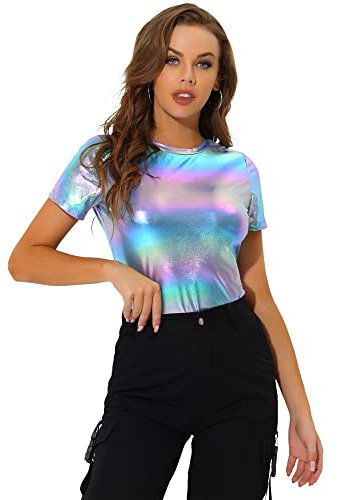 Allegra K Damen Sexy Clubwear Bluse Kurzarm Shiny Metallic Glittzer Tee Top Shirt Blau L