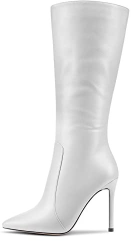 MAGIOPY Donna Spillo Alto High Tacco Heel a Punta Metà polpaccio Cerniera Ufficio Cute 10 CM Heels Stivali Bianco 39 EU