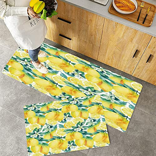 Küchenteppich Teppich Läufer Küchenläufer 2 Stück rutschfest,Moderne, reife Zitrone Citrus Äste lebendige blühende Jahreszeit Aquarell, Wald grün gelb,, Waschbar für Flur Küche 40 x 100 cm+40 x 60 cm