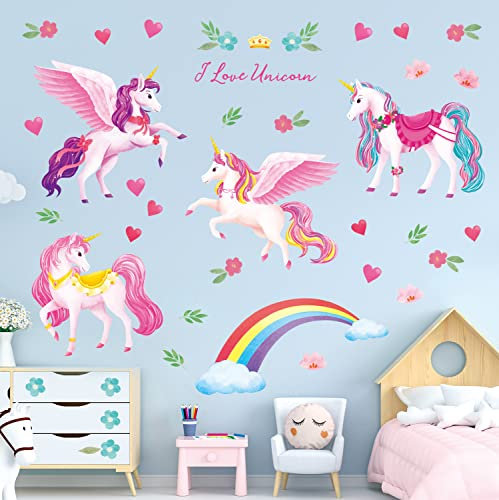 DECOWALL DS9-8072 - Adesivi da parete con unicorno per camera da letto delle ragazze, decalcomanie rimovibili per cameretta dei bambini, cameretta dei bambini, unicorni volanti, cuori, fiori e stelle