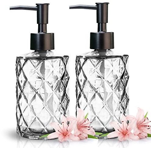 Yiter 330 ml Soap Dispenser, Glass Hand Soap Dispenser with Plastic Pump for Lotion, Hand Wash, Diamond Design Washing Up Liquid Dispenser for Kitchen, Bathroom Decor(2pcs/Clear Black)
