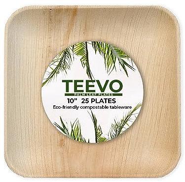 Teevo Palm Leaf Plates x 25 - Eco-Friendly 10 Square Disposable for Hot Food, Strong Party Tableware for Garden, BBQ, Camping, Picnic - Reusable, Compostable, Sustainable