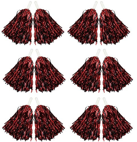 Hooshing 12 Stück Pompons Cheerleading Schwarz und Rot Metallic-Folie Cheer Pom Poms mit Kunststoffgriffen, Sport Spirited für Mädchen Kinder Erwachsene