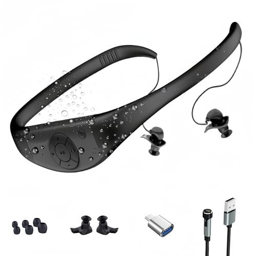 Tayogo Cuffie Subacquee MP3, Lettore MP3 Impermeabile IPX8, 8GB Memoria, 20 Ore di Durata della Batteria, Ricarica Magnetica, Modalità MP3/FM per Nuoto e Sport