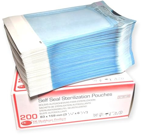 DE Healthcare Products - Sterilisationsbeutel (200 Stück), selbstklebend, Steriltüten ohne Seitenfalten, Maße je 8,3 x 15,9 cm