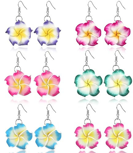 PHOGARY 6 Paar Blumen Ohrringe Bunt, Plumeria Ohrringe Set Geschenke für Damen, Hawaii Schmuck Clay Ohrring BFF Geschenke Hawaiian Urlaub Strand Hochzeit Ohrring Hängend Hibiskusblüten Deko, C
