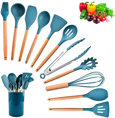 IDOMISMR Ensemble d'ustensiles de cuisine avec support, spatule de cuisine résistant à la chaleur, ustensiles de cuisine en silicone, 12 poignées en bois, accessoires (ensemble bleu)