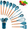 IDOMISMR Ensemble d'ustensiles de cuisine avec support, spatule de cuisine résistant à la chaleur, ustensiles de cuisine en silicone, 12 poignées en bois, accessoires (ensemble bleu)