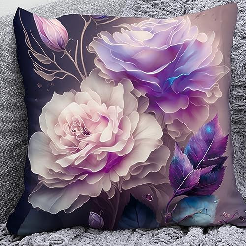 Kissenbezug 40x40 Lila Weiße Blüten Sofakissen Baumwoll und Leinen Dekokissen Quadrat Kissenbezüge mit Reißverschluss Outdoor Kissen- für Wohnzimmer Auto Schlafzimmer