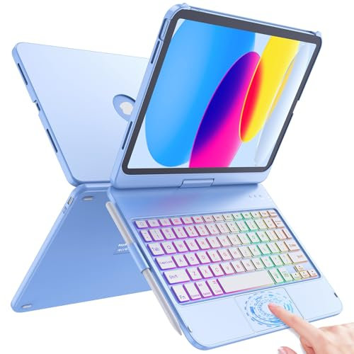FUWANG Touch Keyboard Case for iPad 10th Generation (10.9 Inch, 2022), 360° Rotatable Multi-Touch Backlit Keyboard, Blue