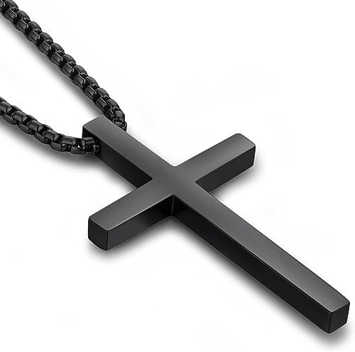 Jiahanzb Kreuz Kette Edelstahl 316L Großes Halskette Herren Kreuz Anhänger Jesus Religiöser Christus Schmuck Geschenk für Männer Damen Kette mit 22 Zoll Schwarze