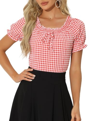 Allegra K Gingham Top for Women's Peasant Ruffles Puff Sleeve Plaid Blouse