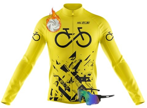 Herren Winter Thermo Fahrradtrikot Langarm-Fleece Laufshirt Rennrad Warm-Reflektoren- Winddicht Fahrrad Trikot T Shirt für Männer＋Polarisierte Fahrradsonnenbrille