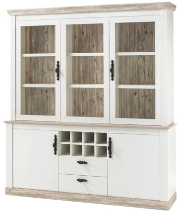 Furn.Design Buffetschrank in weiß Pinie und Oslo Pinie Landhaus Vitrine Vitrinenschrank mit Weinregal Geschirrschrank Esszimmer Wohnzimmer 184 x 205 cm Rovola