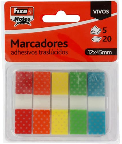 Fixo Notes, Marcadores Adhesivos Trasparentes, 5 Colores con Lunares, Dispone de Dispensador, 12x24mm, Bloques de 20 Hojas, Indices de Plástico Traslucido, Reposicionable, Resistente al Agua