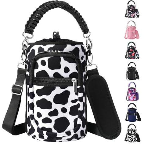 AceTreker 64 oz /87 oz/128 oz Neoprene Water Bottle Carrier with Strap for Insulated Metal Hydro Jug Water Bottles, Sleeve Holder Bag for Camping Trip-Cow