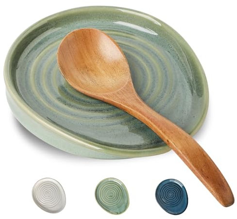 Seyatoo Ceramic Spoon Rest for Stove Top, Spoon Holder for Kitchen Counter, Farmhouse Cooking Utensil Holder for Spoons, Ladles, Spatula, Glazed Green