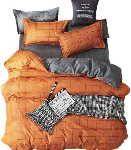 Homemissing Housse de Couette à Carreaux 135x200cm avec taie d'oreiller 50x75cm, Parure de Lit réversible Orange et Gris avec Fermeture éclair, Literie à Carreaux Géométrie, Microfibre Souple