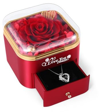 Mikasol Rose Conservée & Collier en Forme de Cœur avec Boîte à Bijoux - Cadeau Romantique Idéal pour Femmes, Anniversaire, Saint-Valentin, Cadeaux de la Fête des Mères, Rouge, 12,4 x 11,43 x 10,41 CM