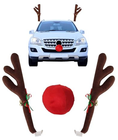 ANTROBIN Rentier Auto Set Deko Weihnachten, Auto Weihnachtsdeko mit Geweih und Roten Nase, Auto Deko Weihnachten für Trucks Suv Van